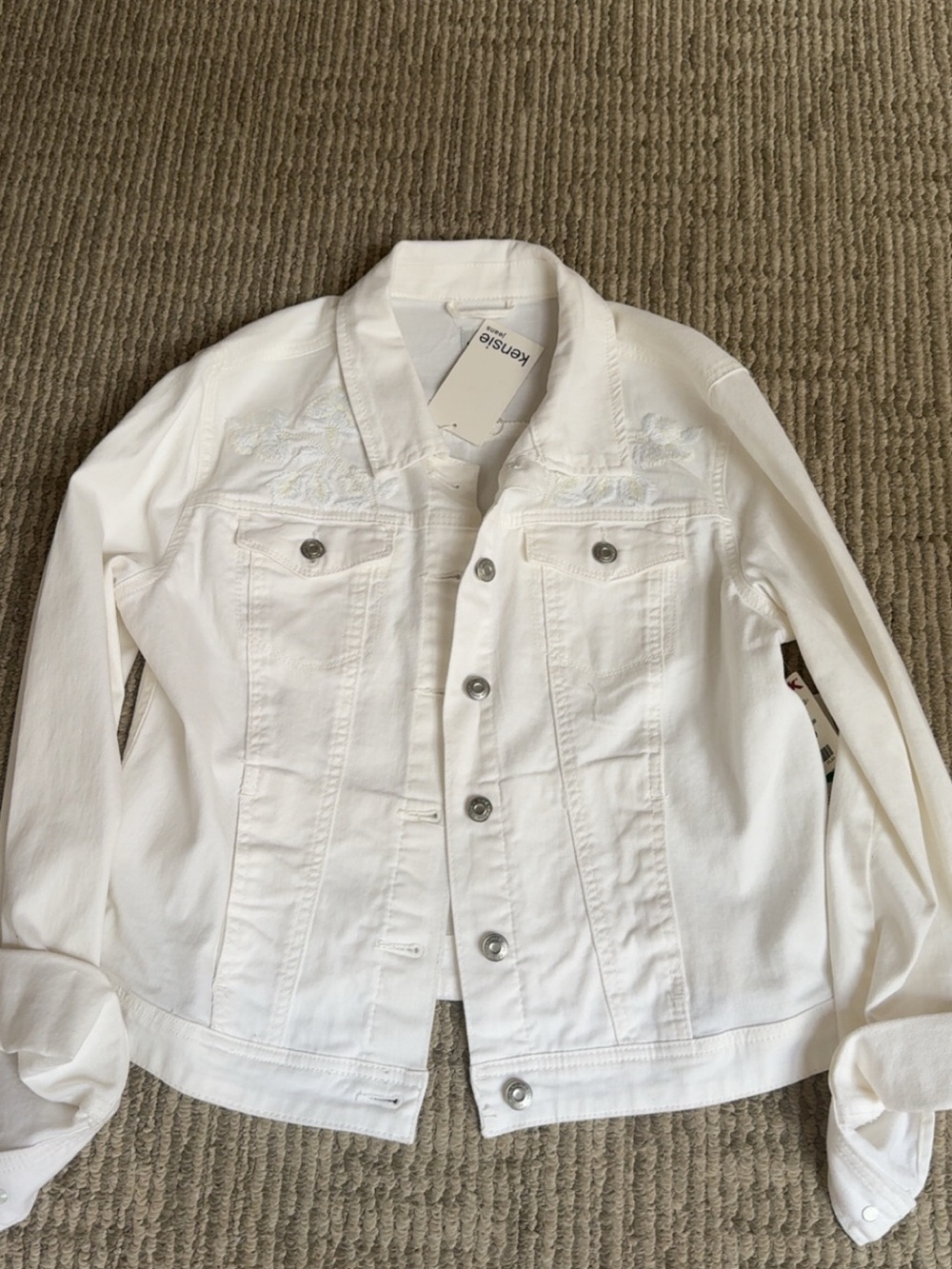 Kensie Jeans Embroidered White Denim Jacket